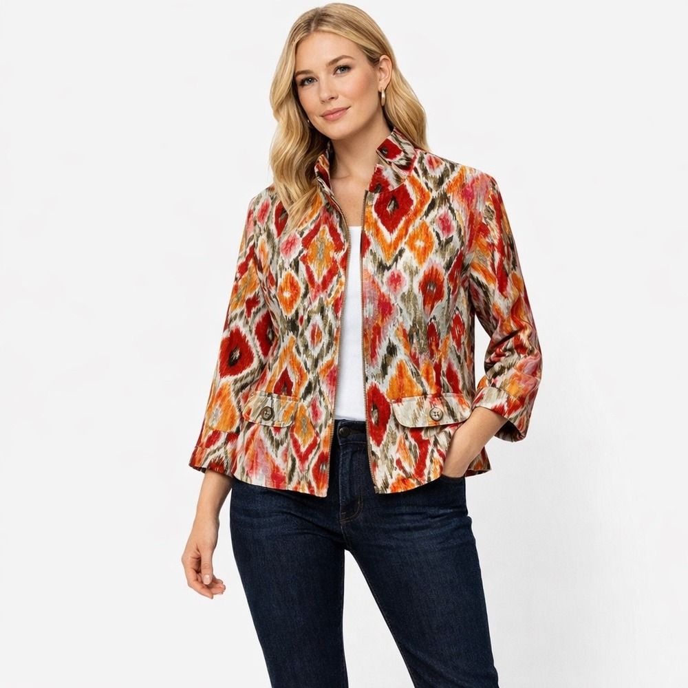 Chico's‎ Floral Brocade Jacket S Tapestry Print Cotton Silk Blend Statement Coat